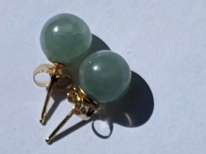 Vintage Spinach Green Jade Ball 14k Yellow Gold Earrings Post Stud 7 mm - Picture 1 of 7