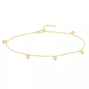 14K Yellow Gold Simulated Diamond Open Heart Dangle Anklet Bracelet 9"-10" Adjus - Picture 1 of 6