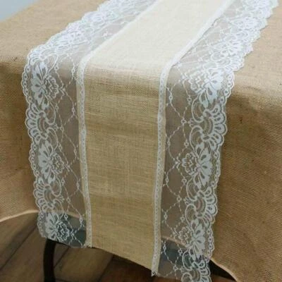LACE BURLAP TABLE RUNNER 14x108" Rustic Natural Country Wedding Party Catering - Image 1 of 2