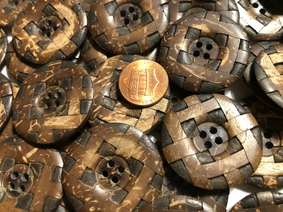 Set of 2 Vintage Big Brown Coconut Inlaid Woven Buttons 34mm Almost 1 3/8" 11672 - Image 1 of 4