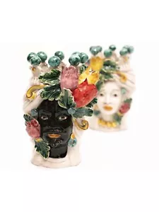 Coppia teste di moro h20 cm in ceramica di caltagirone sicilia tulipani colorati - Bild 1 von 4