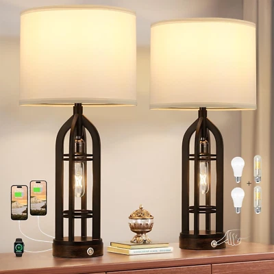 Table Lamp for Living Room Set of 2 - Bedside Lamp for Bedroom with USB C+A & Ou - Image 1 of 4