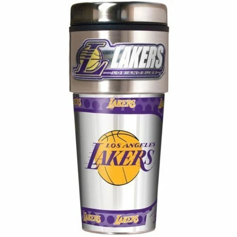 NBA Los Angeles Lakers Coffee Mug Travel Tumbler Cup Metallic Logo w/ Emblem Cover