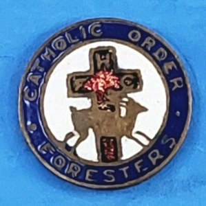 Foresters Fraternal Trees Deer Cross Catholic Order Enamel Screw Back VTG - Picture 1 of 5