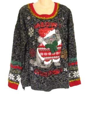 U.S. SWEATERS GRAY ACRYLIC EMBELLISHED CAT WITH HAT Christmas UGLY SWEATER  XL - Image 1 of 4