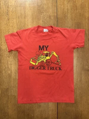 Винтажная молодежная футболка 80-х с графикой маленький экскаватор грузовик строительство 1989 - Изображение 1 из 4