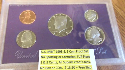 U.S. MINT 1993-S 5 Coin Proof Set, Full Steps 1 & 5 Cents - Image 1 of 2
