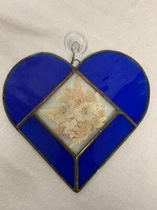 Vintage Blue Stained Glass HEART Suncatcher Dried Flowers  - Picture 1 of 4