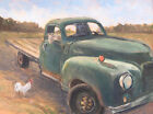 Camion à plat vintage GMC chèvre basse-cour coq art ferme peinture à l'huile 9x12