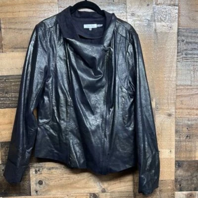 Jaqueta feminina Calvin Klein couro sintético moto gola alta tamanho grande - Imagem 1 de 4