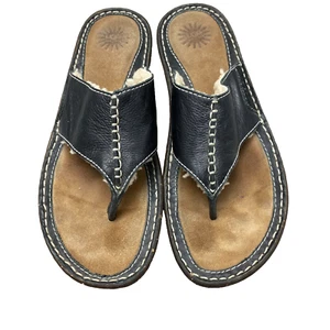 Ugg Flip Flops Women's 11 Sandals Slippers Shearling Lined Thong Black Leather - Picture 1 of 8