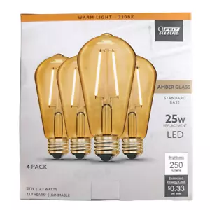 Feit LED Bulbs Amber Glass Vnt Style (4 pack) 2.7W 2100K E26 Base 25W Equal NEW - Picture 1 of 9