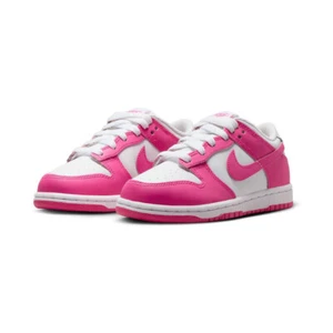 BOYS PRE SCHOOL NIKE DUNK LOW_WHITE/LASER FUCHSIA FB9108-102-SIZE 3 - Picture 1 of 3
