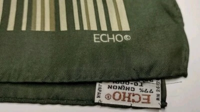 Echo Scarf Chinon Silk Vintage 1970s Avocado Green Stripes Historical Echo 23" - Image 1 of 4