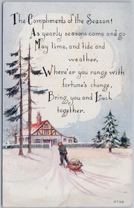Compliments of the Season Postcard, Person Pulling Sled, c1916 Divided Back - Picture 1 of 2