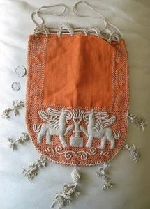 Antique Textile Casalguidi Needle Work Lions Tassels Orange Reticule Purse - Picture 1 of 13