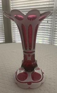 Beautiful Vtg Bohemian White Overlay Cut To Cranberry Red Glass Vase 10.25” - Picture 1 of 8