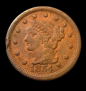 1854 Braided Hair Large Cent: 1 of 1 Raised Hair Strand Error! Big Copper Color! - Picture 1 of 6