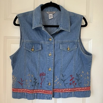 Vtg Stonebridge Denim Vest Womens Collar Embroidered Cottage Floral Sz L Teacher - Image 1 of 4