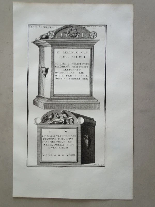 Urnes röm. Grabstein Architektur Nekropole Inschrift Montfaucon Kupferstich 1722 - Bild 1 von 1