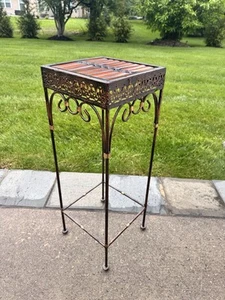 Vintage Wrought Iron And Bamboo Square Pedestal Plant Stand 27.5x10” - Picture 1 of 12