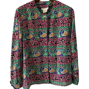 Vintage 90s/Y2K paisley floral collarless secretary blouse pink green size 10/M - Picture 1 of 9