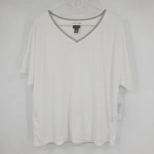 NWT Chico's Embellished Trim Short Sleeve Linen Blend Slub V Neck T Shirt 3 XL - Picture 1 of 10