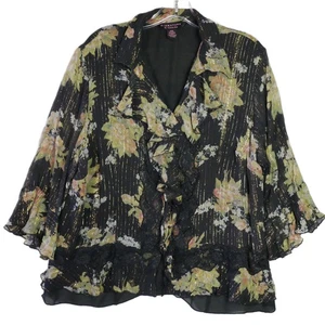 Signature Gr. 22 W schwarz metallic Blumen Rüschenärmel halbtransparent Pullover Bluse - Bild 1 von 14