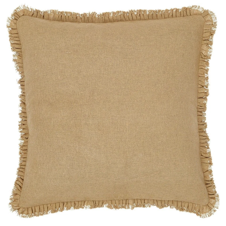 16" x 16" Rustic Fringed Pillow Natural Cotton Tan Burlap Country Pleated Ruffle - Image 1 of 3