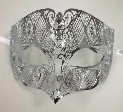 Silver Male Diamond Crystal Laser Venetian Masquerade Metal Filigree Mask Men - Image 1 of 3