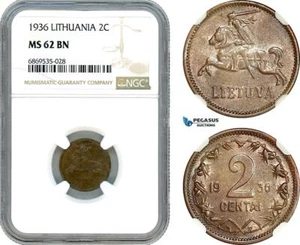 AJ021, Lithuania, 2 Centai 1936, NGC MS62BN - Picture 1 of 1