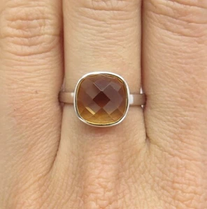 DSMK 925 Sterling Silver Checkered Citrine Gemstone Minimalist Ring Size 7.25 - Picture 1 of 8