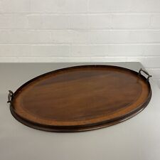 Antique Large Butlers Wooden Inlaid Serving Tray with Brass Handles