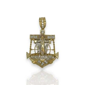 Jesus Two Tone Anchor Pendant CZ - 10k Yellow Gold - Picture 1 of 6