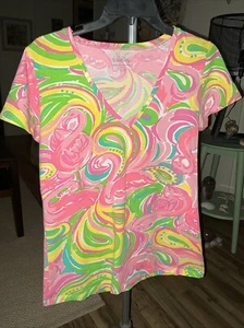 LILLY PULITZER BAUMWOLLE ALL NIGHTER V-AUSSCHNITT S/S ROSA FLAMINGO TOP GRÖSSE MEDIUM - Bild 1 von 11