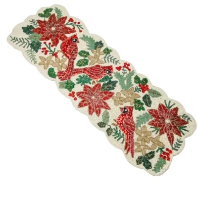 Cynthia Rowley Christmas Cardinals Poinsettia Beaded 36in Table Runner - Image 1 of 2