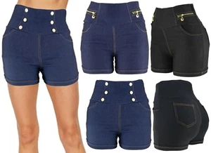 Women Denim Look High Waist Stretchy Cotton Shorts - Picture 1 of 9