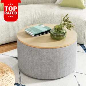 Storage Ottoman Blanket Box 60Cm Foot Stool Coffee Table Linen round Grey - Picture 1 of 12