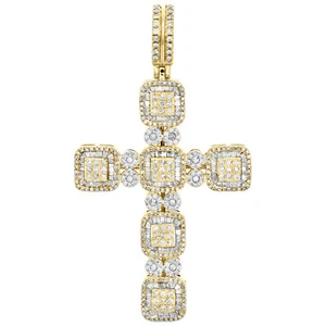 10K Yellow Gold Round & Baguette Diamond Cluster Cross Pendant 2.50" Charm 2 CT. - Picture 1 of 6