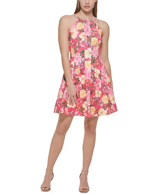 Vince Camuto Womens Pink Floral Print Fit & Flare Dress Petites 0P - Image 1 of 4
