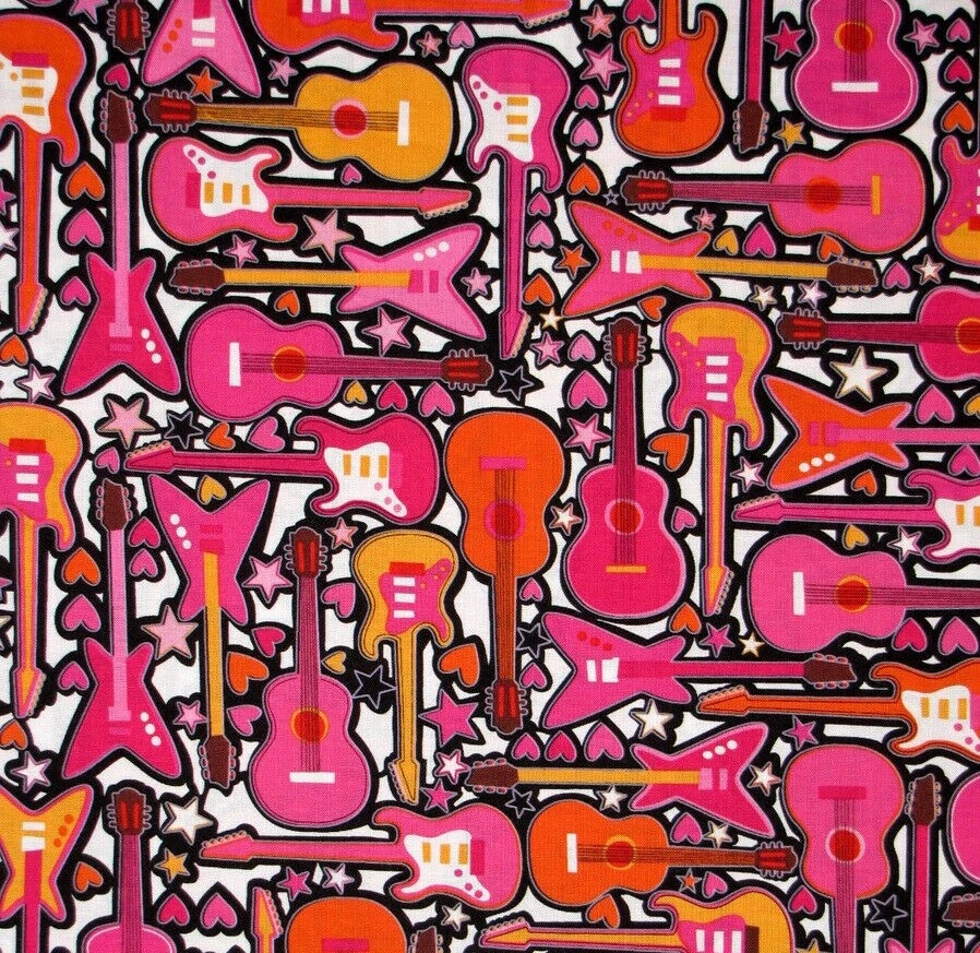 RARE Rock On Allover Guitars Stars Hearts Benartex 100% Cotton Fabric 8.5 inches - Image 1 of 1