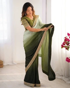 Splendido look sari di seta chinnon verde con blusa mono benglori per matrimonio - Foto 1 di 15