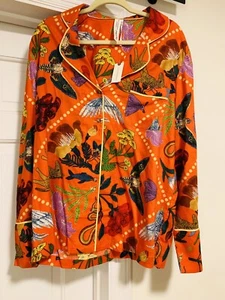 ANTHROPOLOGIE Rosa de Weerd *Flannel Sleep Top* Botanical Dreamy Red Orange Lg - Picture 1 of 10