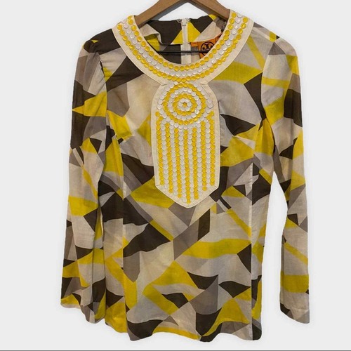 Tunica top Tory Burch giallo bianco grigio leggero paillettes impreziosita