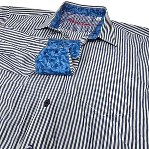 Robert Graham Flip Cuff Dress Shirt Large Men's Long Sleeve Blue White Striped - Picture 1 of 8
