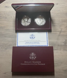 1999 Dolly Madison Proof & Unc. Silver Dollar 2-Coin Set OGP & COA - Picture 1 of 4
