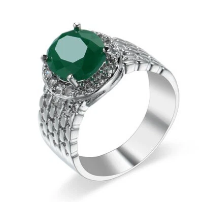 Shine Oval Real Green Quartz White Zirconia Gemstone Silver Rings US Size 6-10 - Image 1 of 4