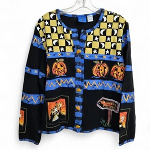 Sportelle Haunted House Halloween Cardigan Sweater M  Artsy Pumpkin buttons - Picture 1 of 9