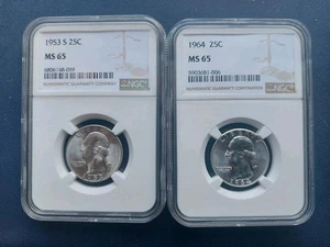 1953S,/1964. WASHINGTON QUARTERS. 0,25 CENTS POSTFRISCH 65, SILBER.!! NGC. - Bild 1 von 12