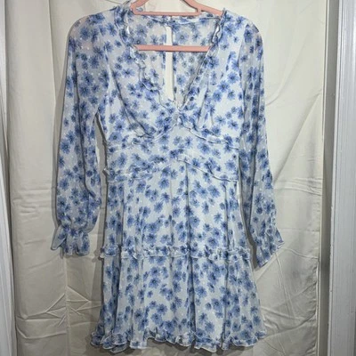 Vestido curto B.Darlin azul feminino branco azul gola V floral manga longa tamanho 1/2 - Imagem 1 de 4